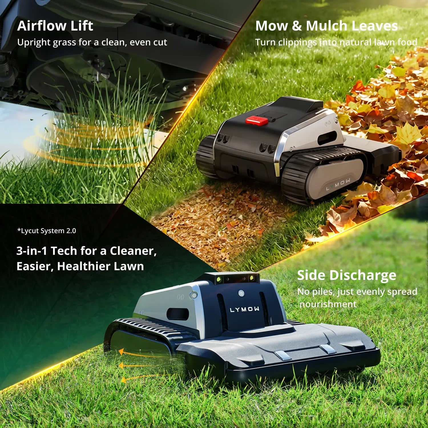 Airflow lift, leaf mulching and side discharge