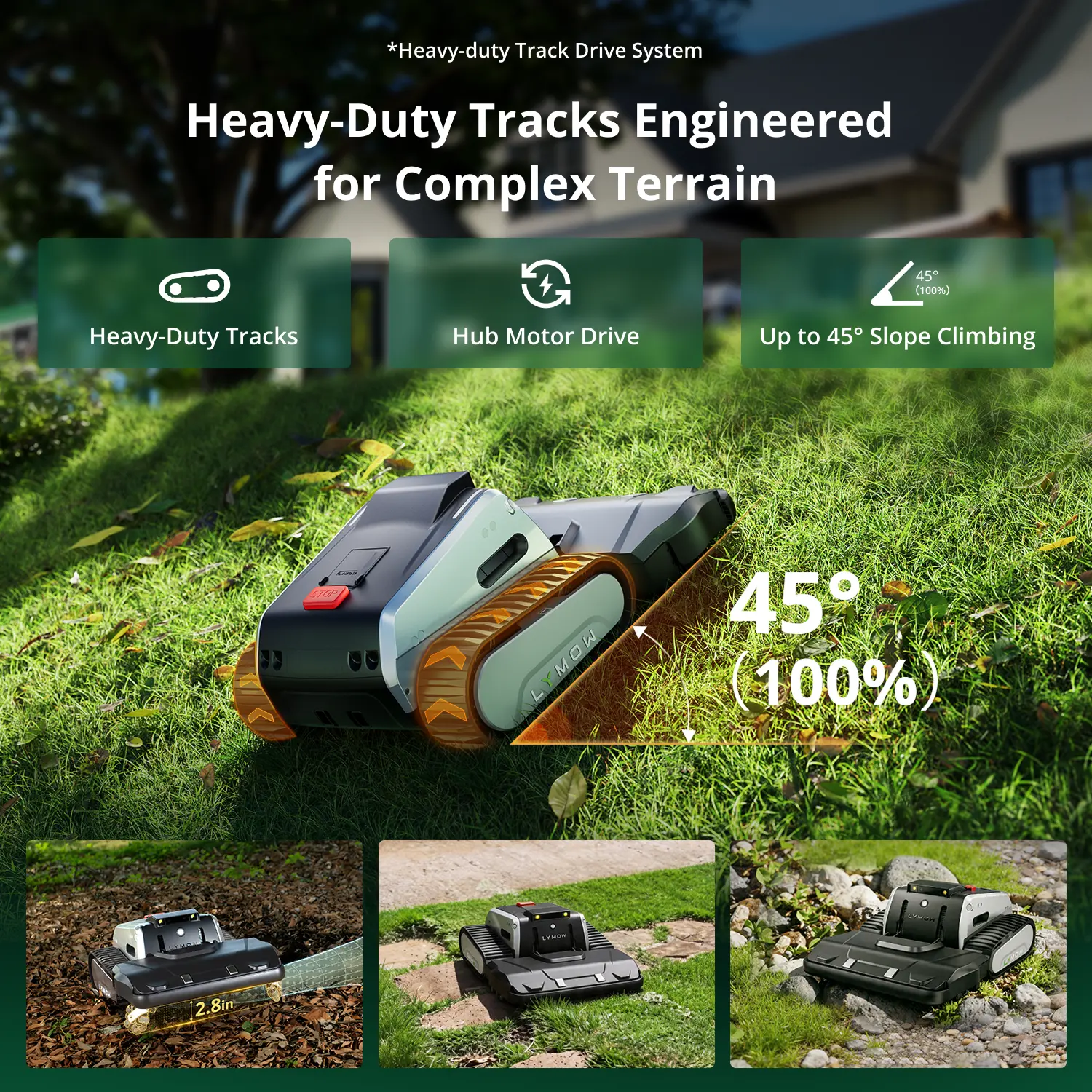 Heavy-duty tracks climbing 45 degree slopes